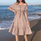 Off-shoulder Tie Neck Plaid Dress