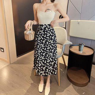 Spaghetti Strap Knit Top / Floral Print A-line Midi Skirt