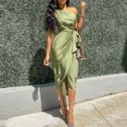 Sleeveless One-shoulder Satin Midi Dress