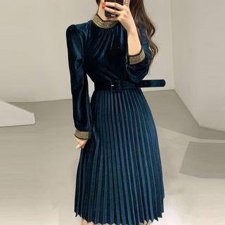 Long-sleeve Accordion Pleat Midi Velvet Dress