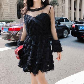 Sheer Furry Long-sleeve A-line Party Dress
