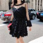 Sheer Furry Long-sleeve A-line Party Dress
