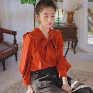 Long-sleeve Bow Accent Blouse Brick Red - One Size
