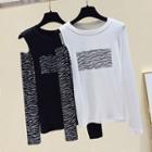 Long-sleeve Zebra Print Panel Cold-shoulder T-shirt