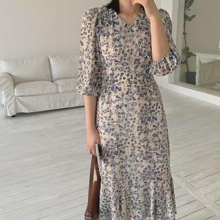 Elbow-sleeve Floral Midi Sheath Dress Black Floral - Nude - One Size