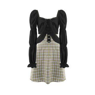 Bell-sleeve Blouse / Spaghetti-strap Plaid Mini A-line Dress