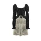Bell-sleeve Blouse / Spaghetti-strap Plaid Mini A-line Dress
