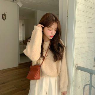 Long-sleeve Plain Sweater Almond - One Size