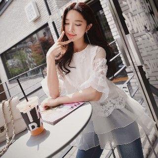 Elbow-sleeve Lace Panel Ruffle Top
