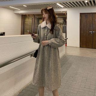 Long-sleeve Collared Tweed Midi A-line Dress As Shown In Figure - One Size