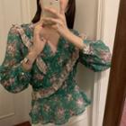 Long-sleeve Ruffle Trim Floral Blouse Green - One Size