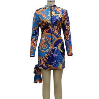 Long-sleeve All-over Print Zip Mini Bodycon Dress