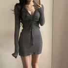 Long-sleeve V-neck Plain Drawstring Slim Fit Dress