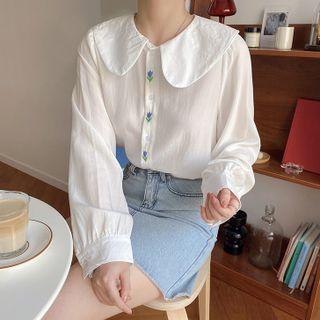 Long-sleeve Wide-collar Floral Embroidered Blouse White - One Size