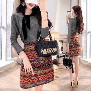 Set: Tie-neck Long-sleeve T-shirt + Printed Mini Skirt