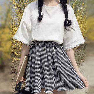 Set: Lace Trim Elbow-sleeve T-shirt + Plaid A-line Skirt