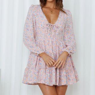 Long-sleeve Floral Print V-neck Lace-up Mini Dress