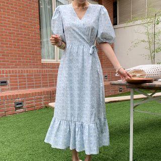 Puff-sleeve Floral Print Wrap Dress Blue - One Size
