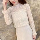 Flare-cuff Mock-turtleneck Lace Top