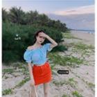 Ruffled Off-shoulder Puff-sleeve Cropped Blouse / Mini Pencil Skirt