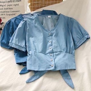 V-neck Tie-waist Short-sleeve Blouse