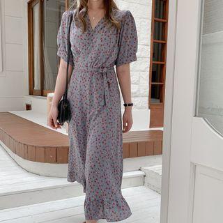 Puff-sleeve Floral Print A-line Midi Wrap Dress