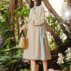 Bow-accent Print Long-sleeve Midi A-line Dress
