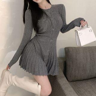 Long-sleeve Pleated Button-up Knit Mini A-line Dress