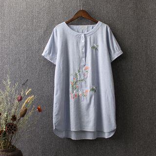 Rabbit Embroidered Striped Short Sleeve Half Placket Dress