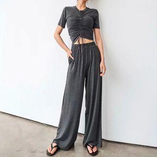 Set: Short-sleeve Drawcord Crop Top + Sweatpants