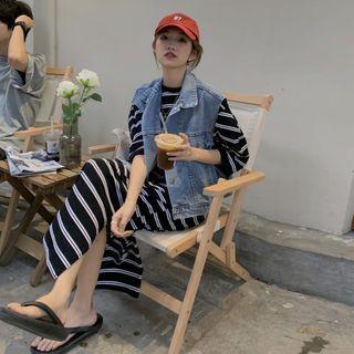 Elbow-sleeve Striped Midi T-shirt Dress Stripe - Black - One Size