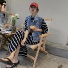 Elbow-sleeve Striped Midi T-shirt Dress Stripe - Black - One Size