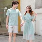 Women Set: Short-sleeve Lettering T-shirt Dress + Midi Mesh Skirt / Men Set: T-shirt + Shorts