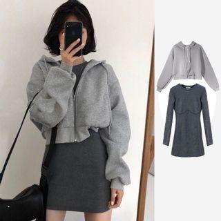 Zip-up Hoodie / Long-sleeve Mini Sheath Dress / Set