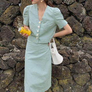 Set: Checked Short-sleeve Blouse + Midi A-line Skirt