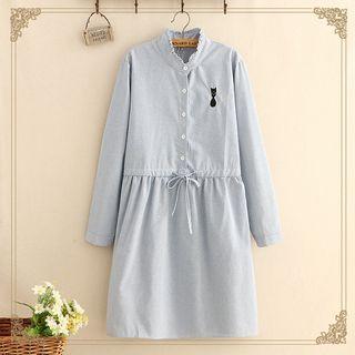 Long-sleeve Cat Embroidery Striped Shirt Dress