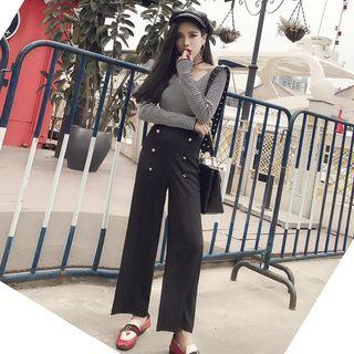 Set: V-neck Long Sleeve Pinstriped Knit Top + Cropped Double Breast Pants