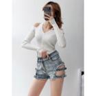 Off-shoulder Button-down Knit Top