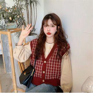 Single-breasted Plaid Knit Vest / Balloon-sleeve Blouse