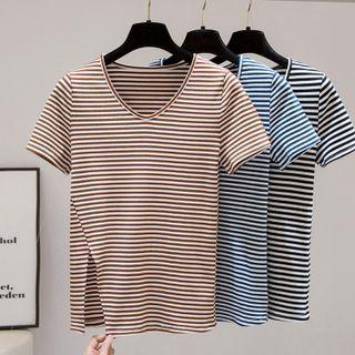 V-neck Striped Slit T-shirt
