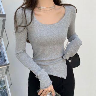 Round-neck Side-split Long-sleeve Top