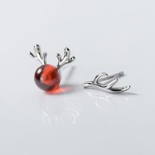 Asymmetrical Deer Horn Stud Earring Stud Earring - 1 Pair - Silver & Red - One Size