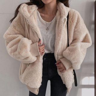 Colored Faux-fur Zip-up Hoodie