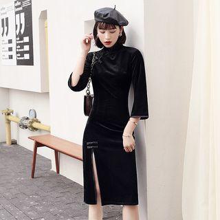 Velvet Front-sleeve 3/4 Sleeve Qipao Dress