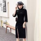 Velvet Front-sleeve 3/4 Sleeve Qipao Dress