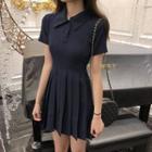 Plain Short-sleeve Mini A-line Pleated Polo Dress
