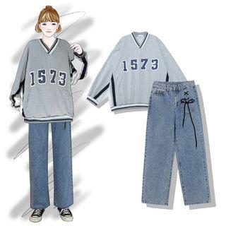 V-neck Number Print Pullover / Wide-leg Jeans