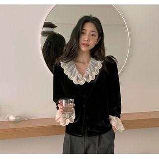 Bell-sleeve Collar Velvet Blouse