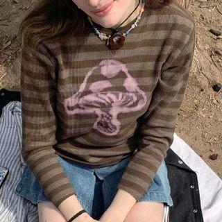 Mushroom Print Long-sleeve Crop Top