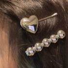 Set: Heart Hair Clip + Beaded Hair Clip 1778a# - Set - Silver - One Size